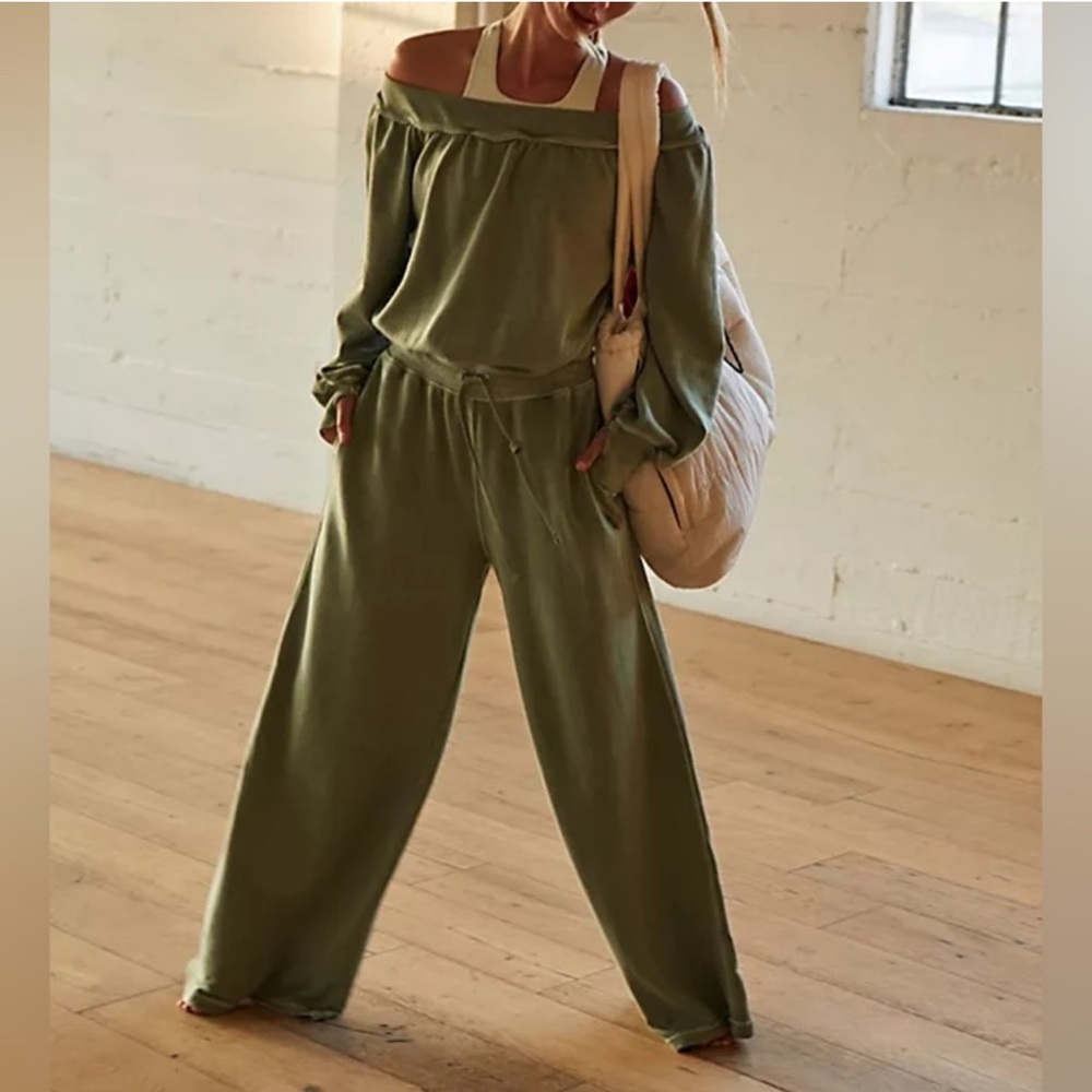 FP Movement by Free People One To Beat Sage Green Off-Shoulder Jumpsuit